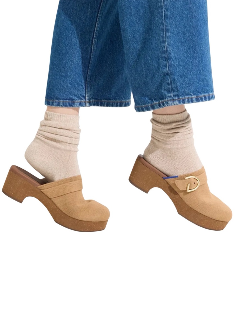 Rothy's Tan Clog Mules with Gold Buckle
